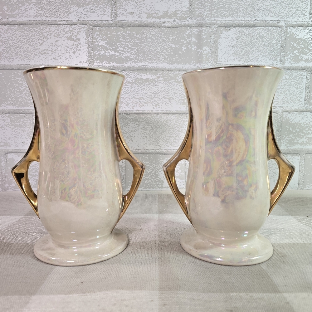 Set of 2 Vintage Pearl Double Handle Vases Pearly Lusterware w/22KT Gold